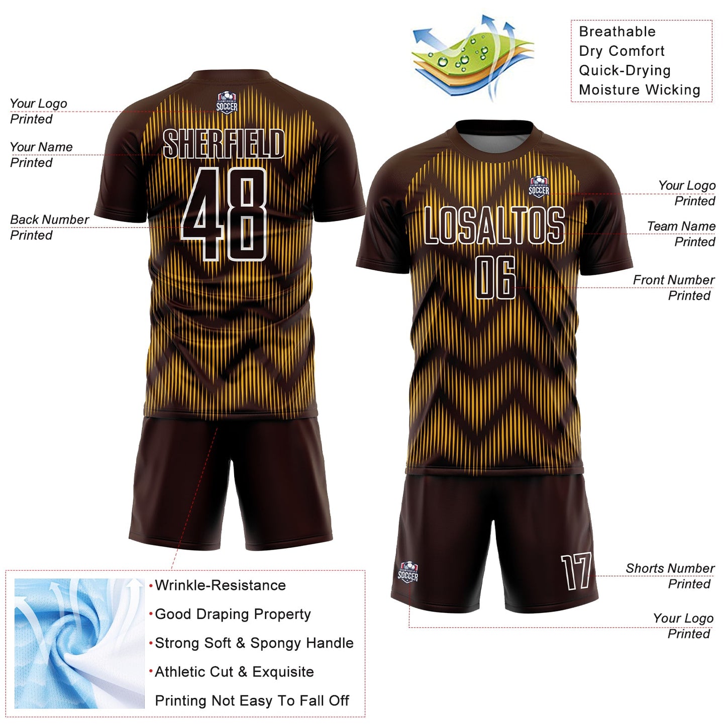 Custom Brown Gold-White Line Sublimation Soccer Uniform Jersey - Sky-Custom