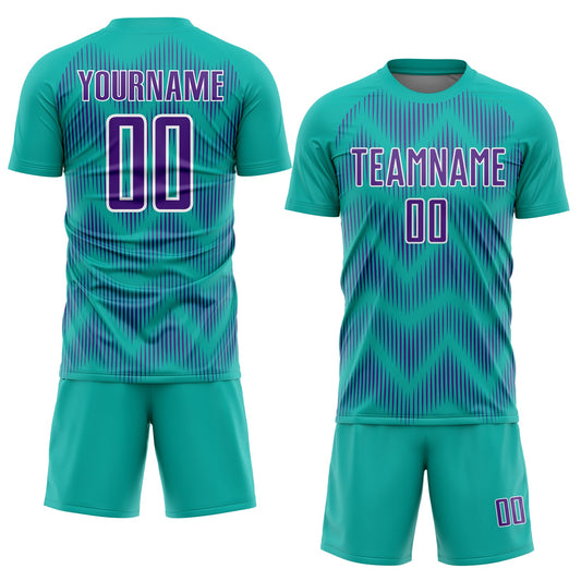 Custom Aqua Purple-White Line Sublimation Soccer Uniform Jersey - Sky-Custom