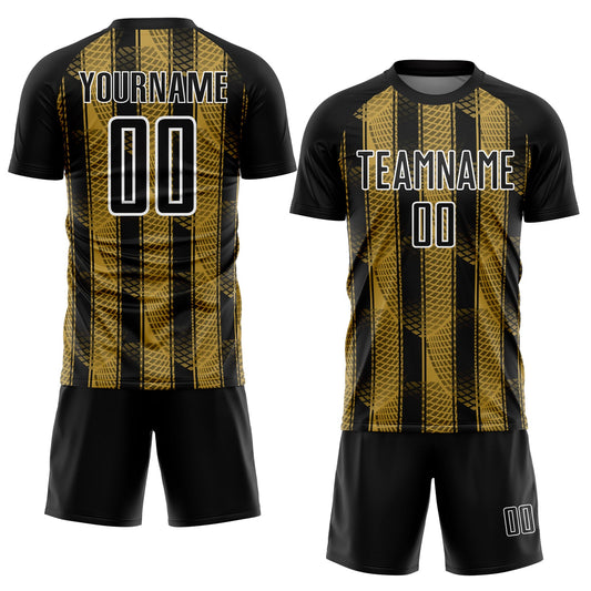 Custom Black Old Gold-White Abstract Network Sublimation Soccer Uniform Jersey - Sky-Custom