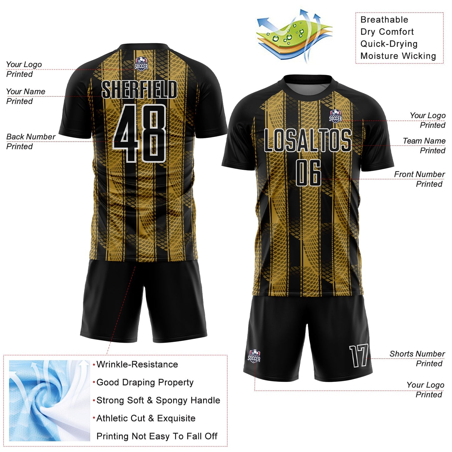 Custom Black Old Gold-White Abstract Network Sublimation Soccer Uniform Jersey - Sky-Custom