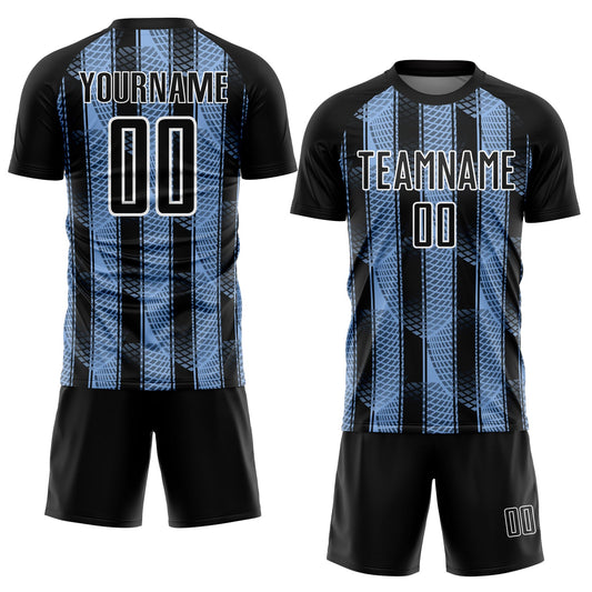 Custom Black Light Blue-White Abstract Network Sublimation Soccer Uniform Jersey - Sky-Custom