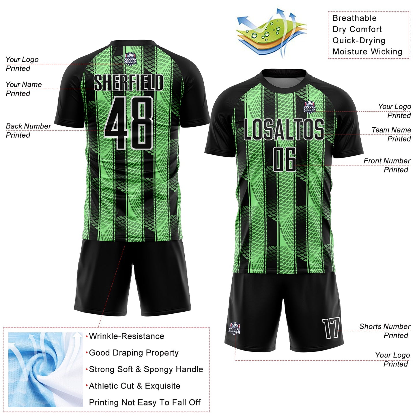 Custom Black Pea Green-White Abstract Network Sublimation Soccer Uniform Jersey - Sky-Custom