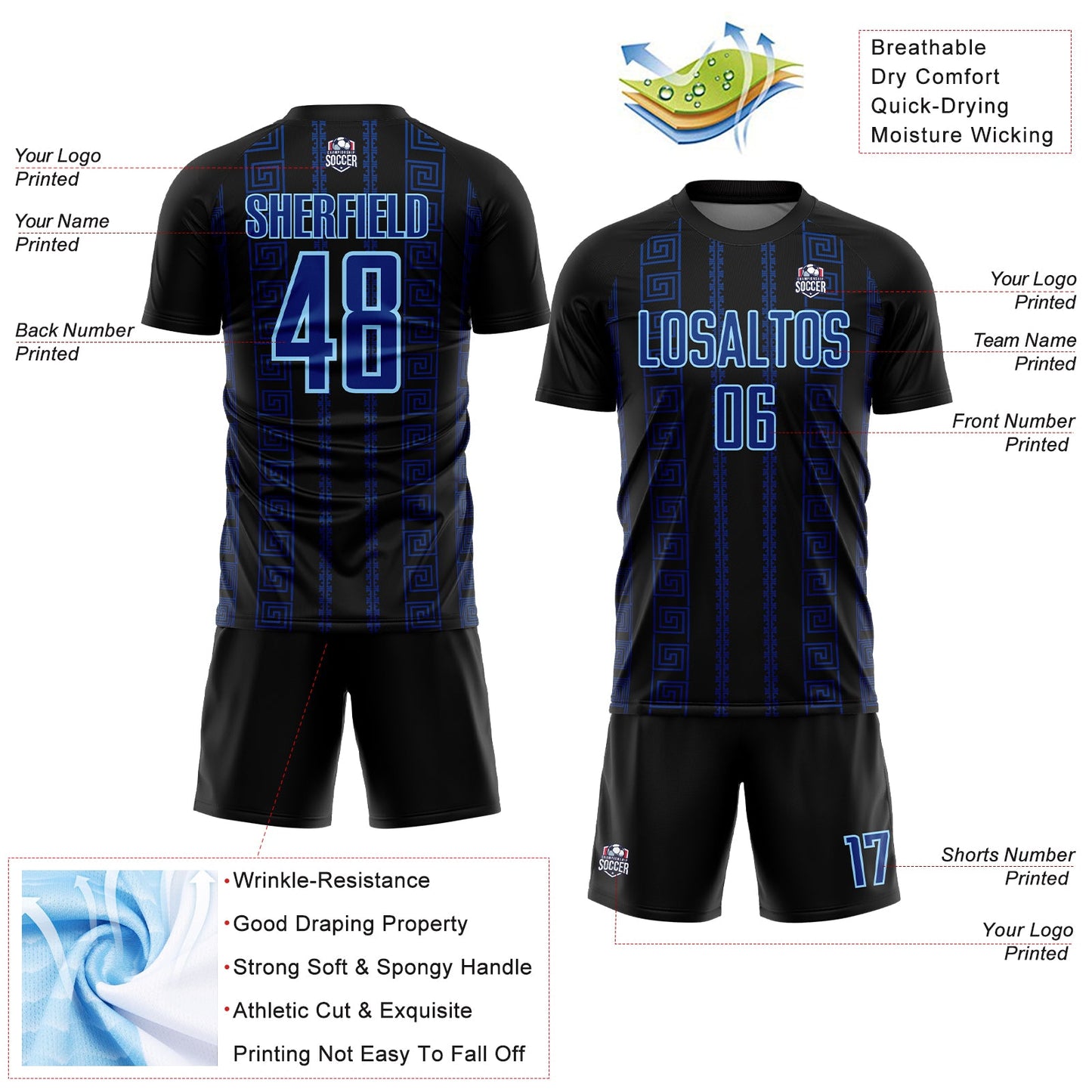 Custom Black Royal-Light Blue Geometric Shape Sublimation Soccer Uniform Jersey - Sky-Custom