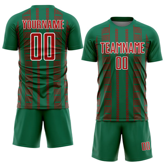 Custom Kelly Green Red-White Geometric Shape Sublimation Soccer Uniform Jersey - Sky-Custom