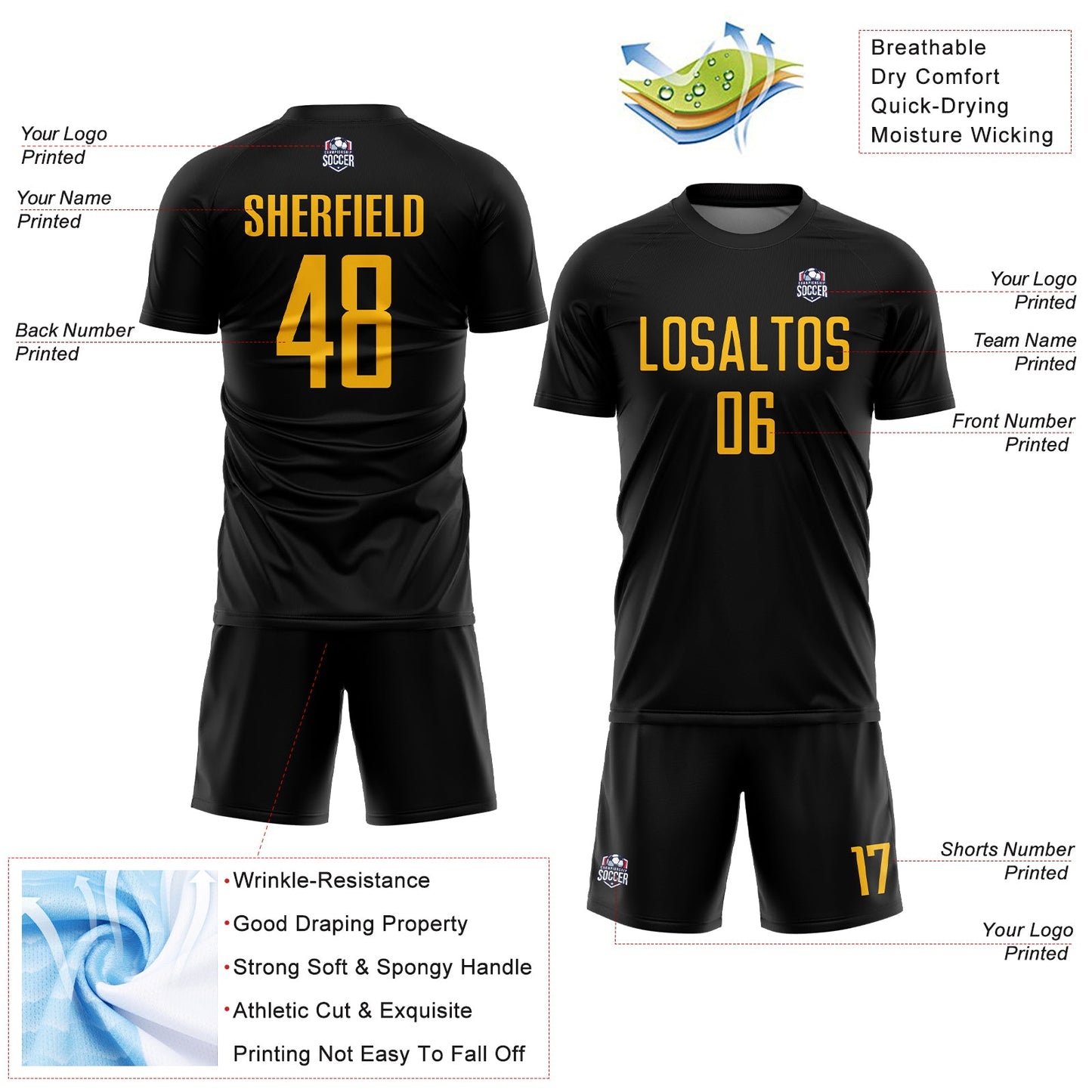 Custom Black Gold Sublimation Soccer Uniform Jersey - Sky-Custom