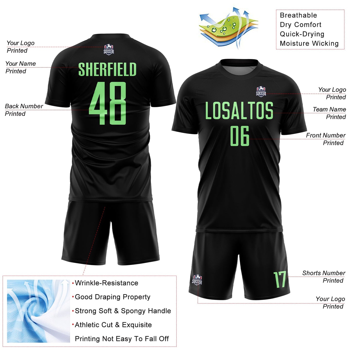 Custom Black Pea Green Sublimation Soccer Uniform Jersey - Sky-Custom