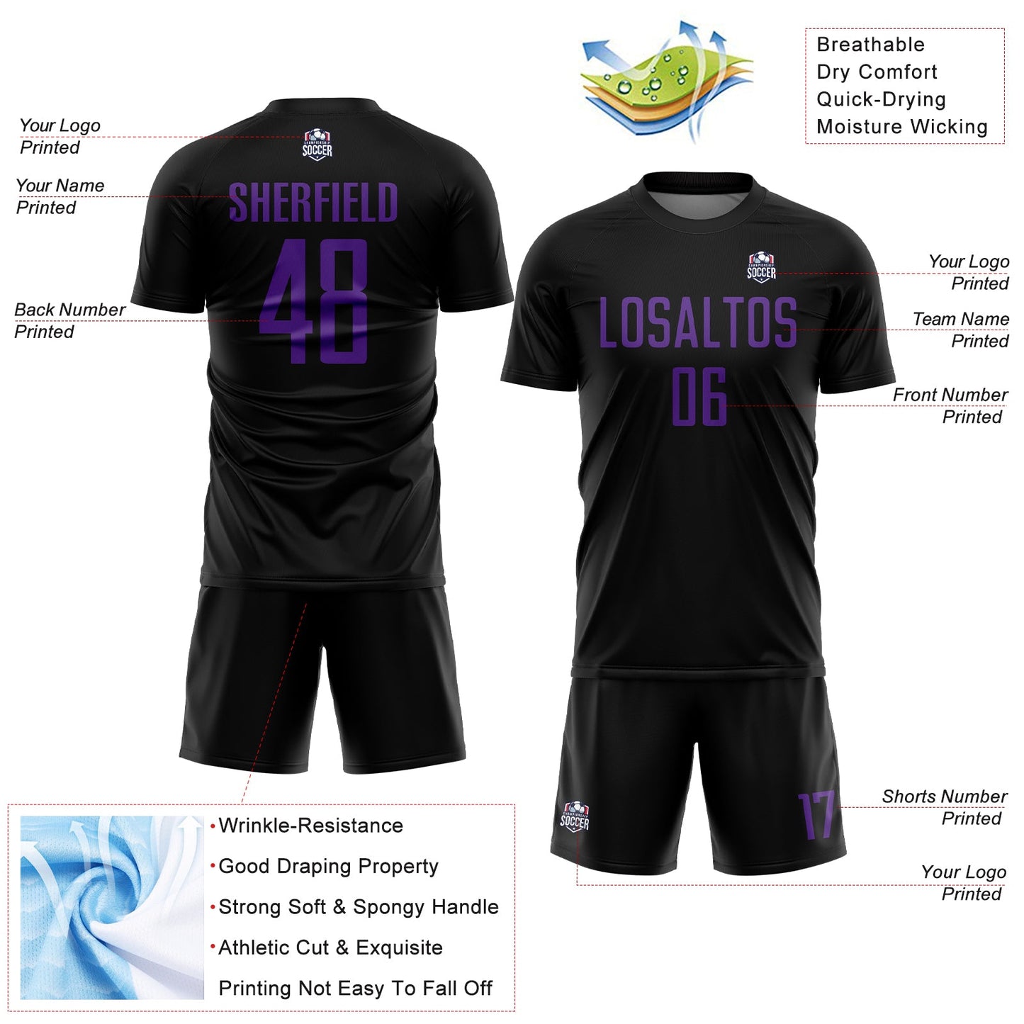 Custom Black Purple Sublimation Soccer Uniform Jersey - Sky-Custom