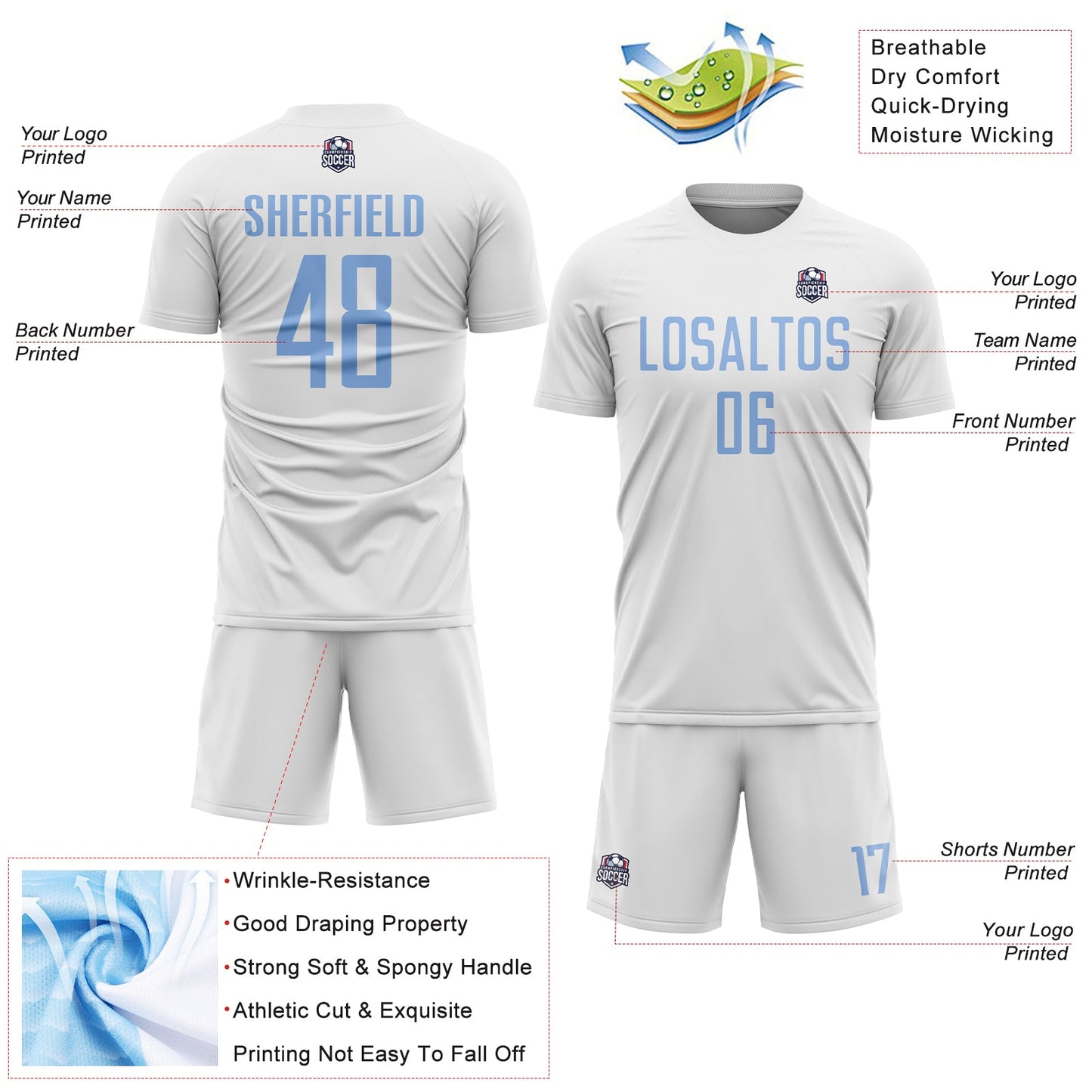 Custom White Light Blue Sublimation Soccer Uniform Jersey - Sky-Custom