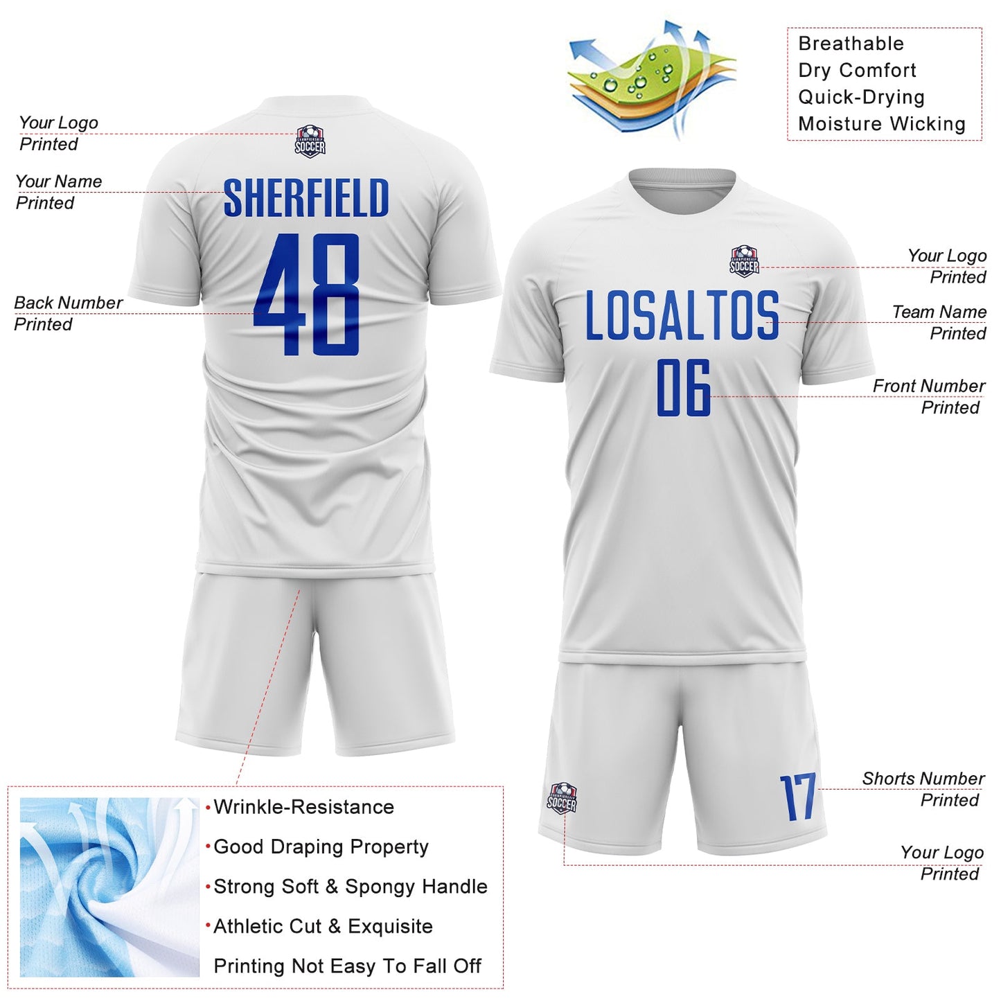 Custom White Thunder Blue Sublimation Soccer Uniform Jersey - Sky-Custom