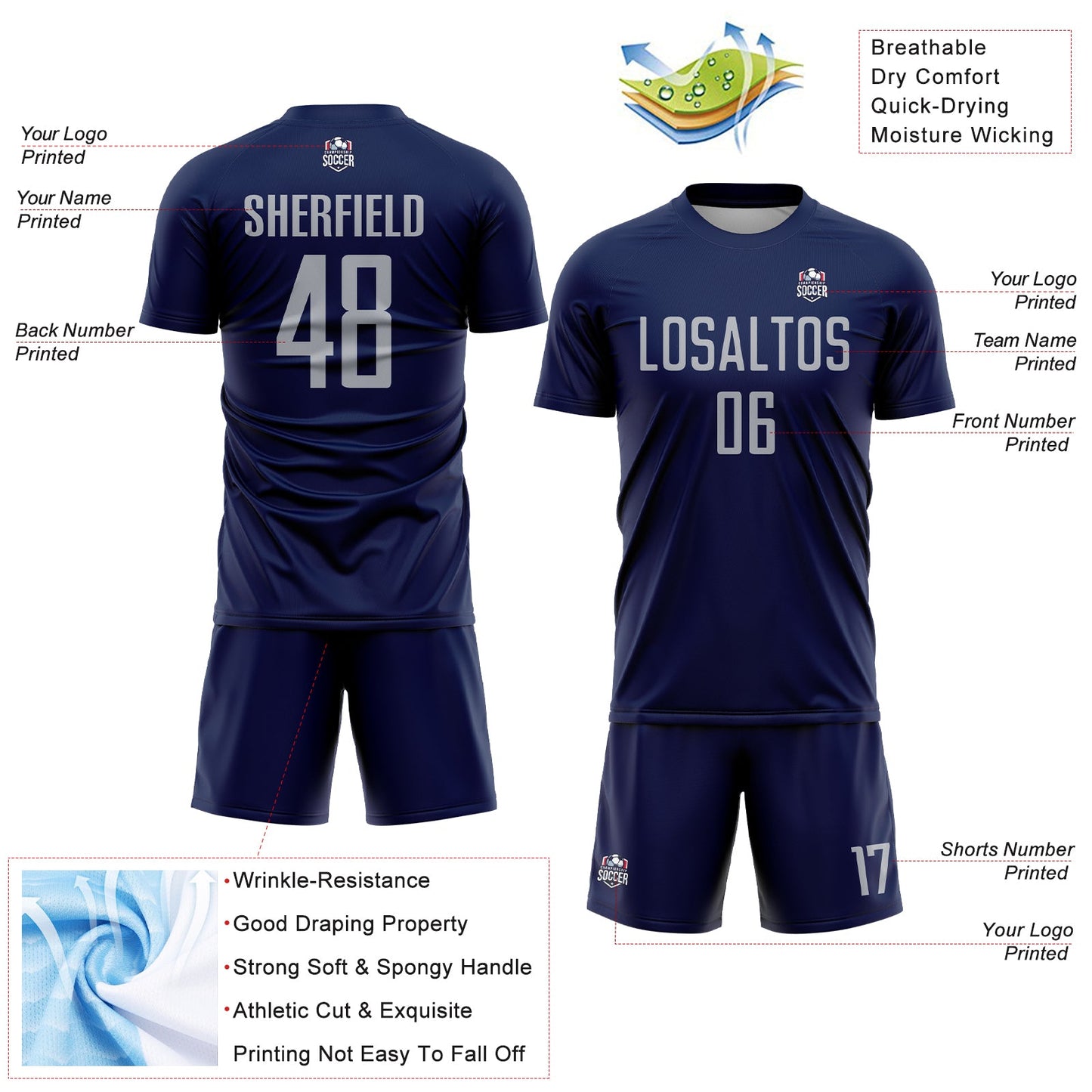 Custom Navy Gray Sublimation Soccer Uniform Jersey - Sky-Custom