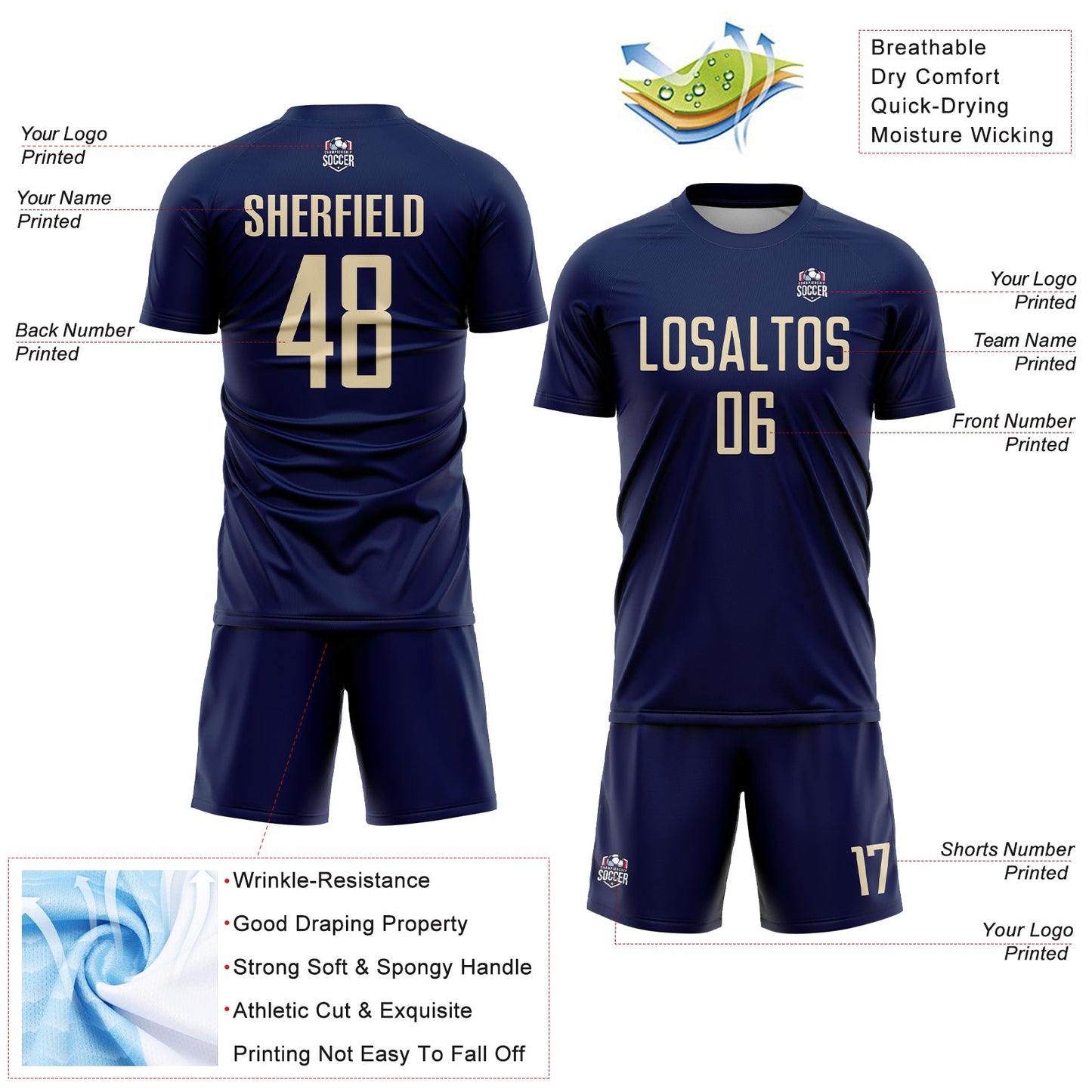 Custom Navy Cream Sublimation Soccer Uniform Jersey - Sky-Custom
