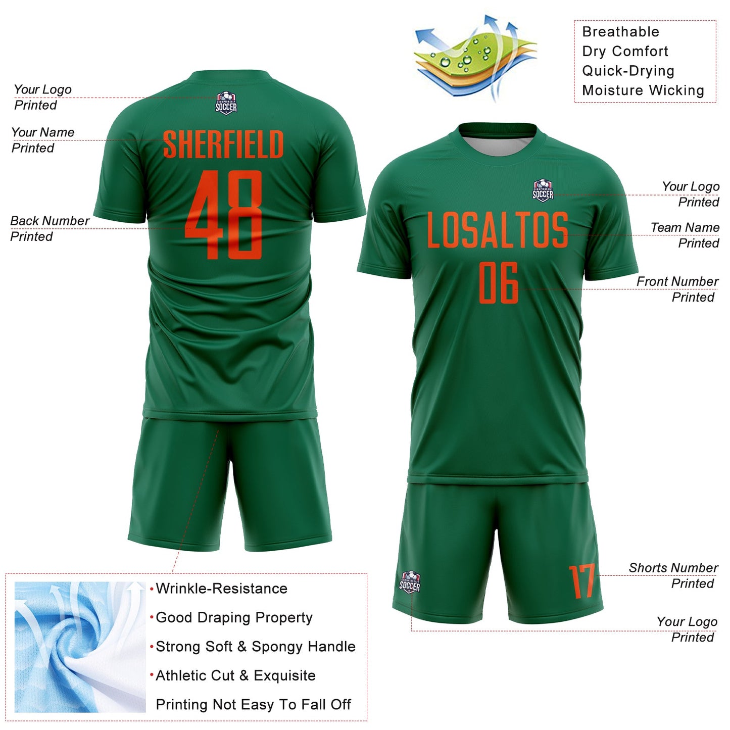 Custom Kelly Green Orange Sublimation Soccer Uniform Jersey - Sky-Custom