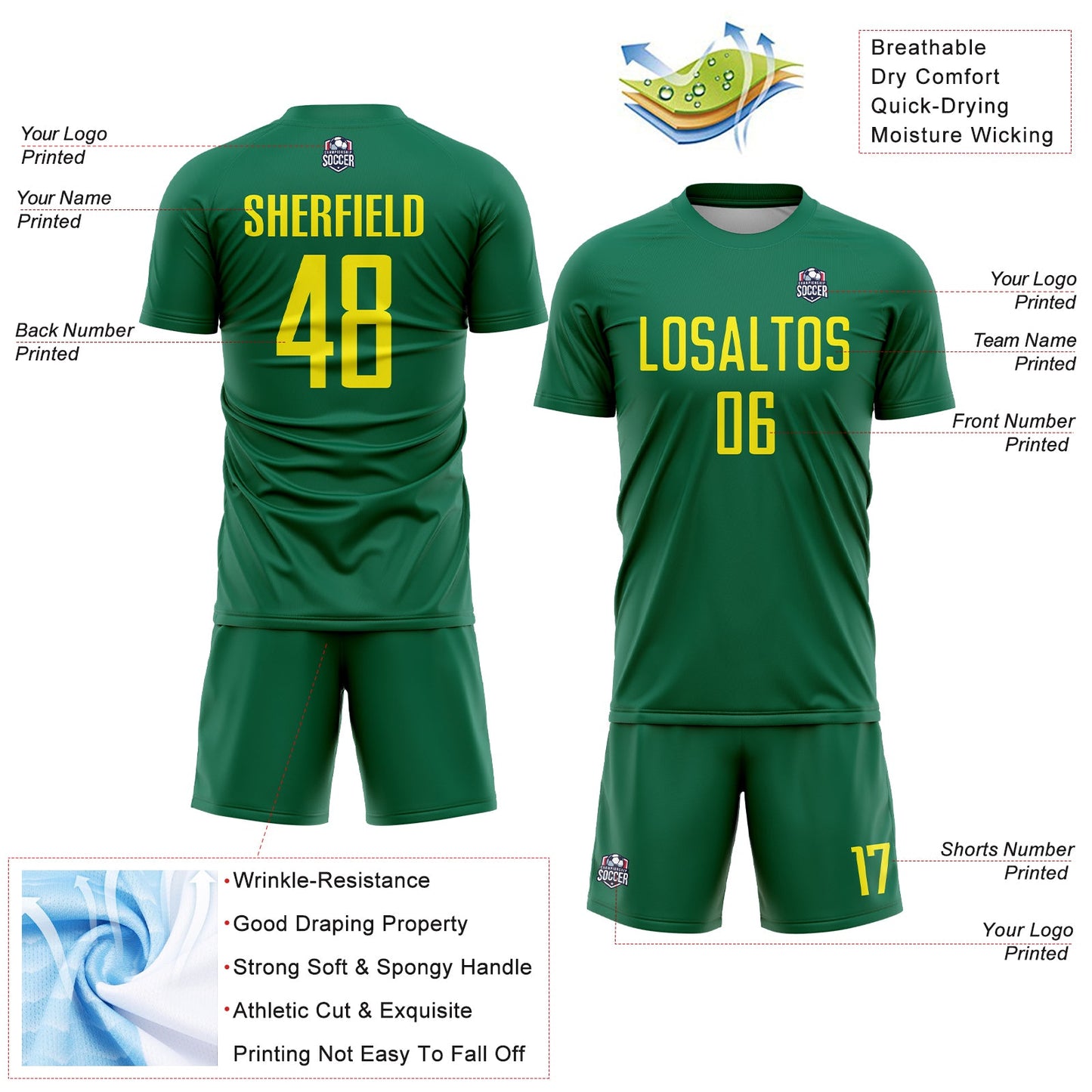 Custom Kelly Green Light Yellow Sublimation Soccer Uniform Jersey - Sky-Custom