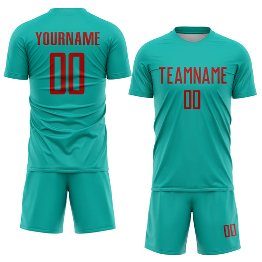 Custom Aqua Red Sublimation Soccer Uniform Jersey - Sky-Custom