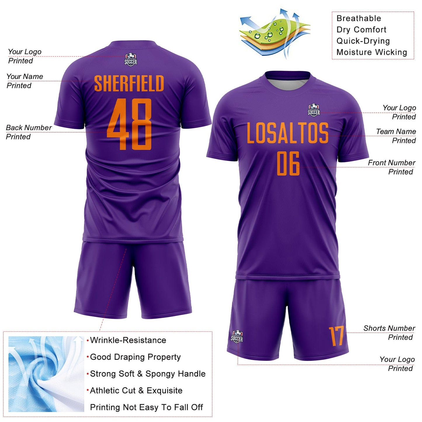 Custom Purple Bay Orange Sublimation Soccer Uniform Jersey - Sky-Custom