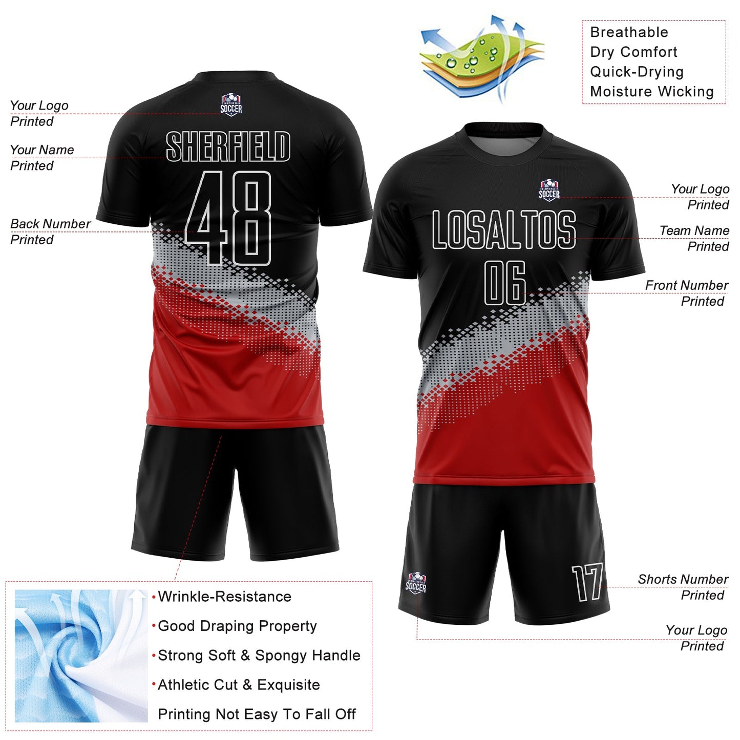 Custom Black Gray-Red Gradient Geometric Shape Sublimation Soccer Uniform Jersey - Sky-Custom