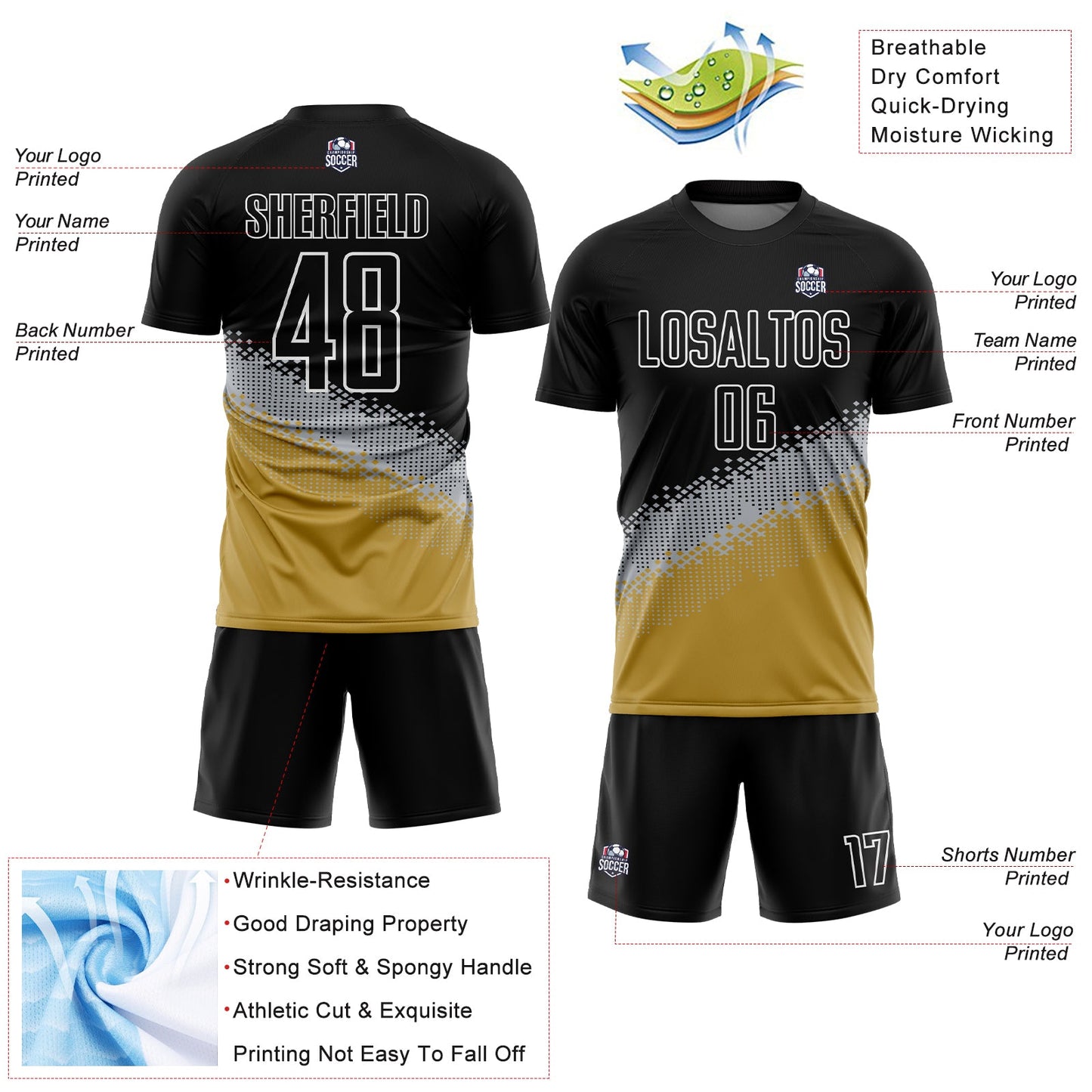 Custom Black Gray-Old Gold Gradient Geometric Shape Sublimation Soccer Uniform Jersey - Sky-Custom