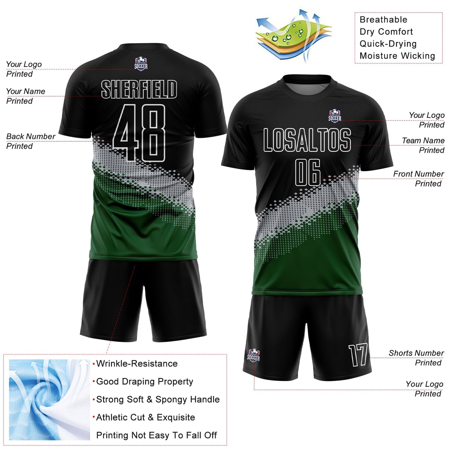 Custom Black Gray-Green Gradient Geometric Shape Sublimation Soccer Uniform Jersey - Sky-Custom