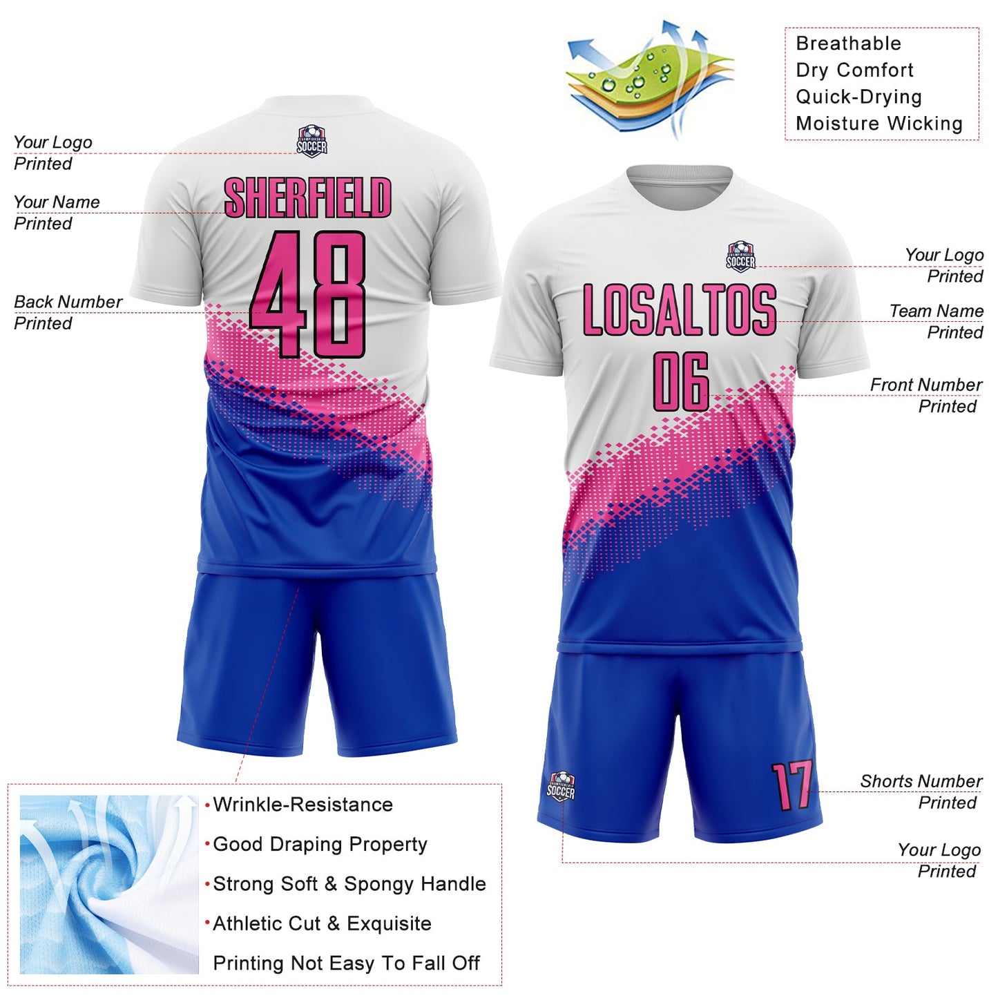 Custom White Pink Thunder Blue-Black Gradient Geometric Shape Sublimation Soccer Uniform Jersey - Sky-Custom