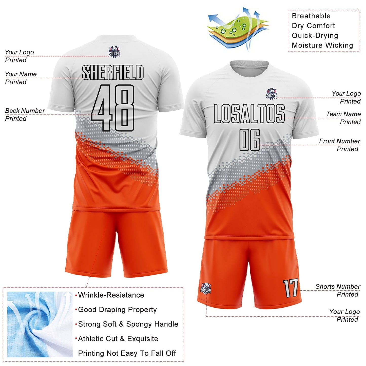 Custom White Gray Orange-Black Gradient Geometric Shape Sublimation Soccer Uniform Jersey - Sky-Custom