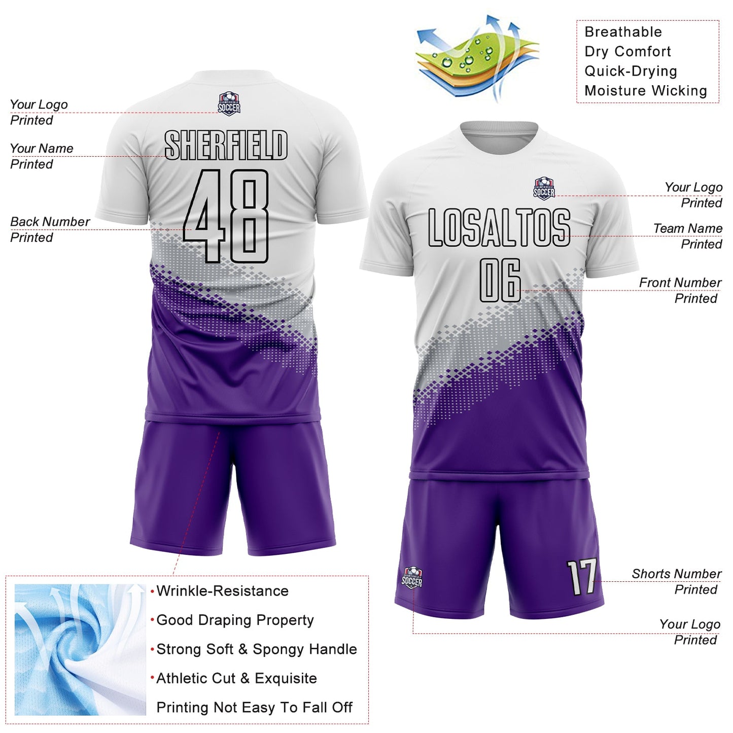 Custom White Gray Purple-Black Gradient Geometric Shape Sublimation Soccer Uniform Jersey - Sky-Custom