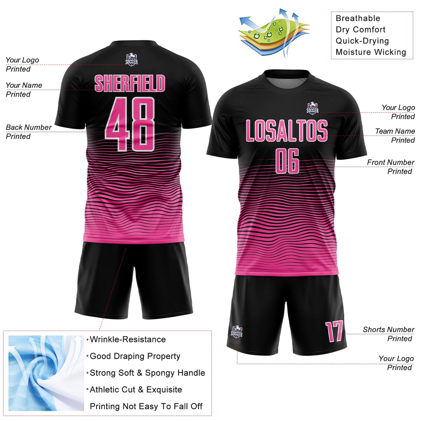 Custom Black Pink-White Gradient Line Sublimation Soccer Uniform Jersey - Sky-Custom