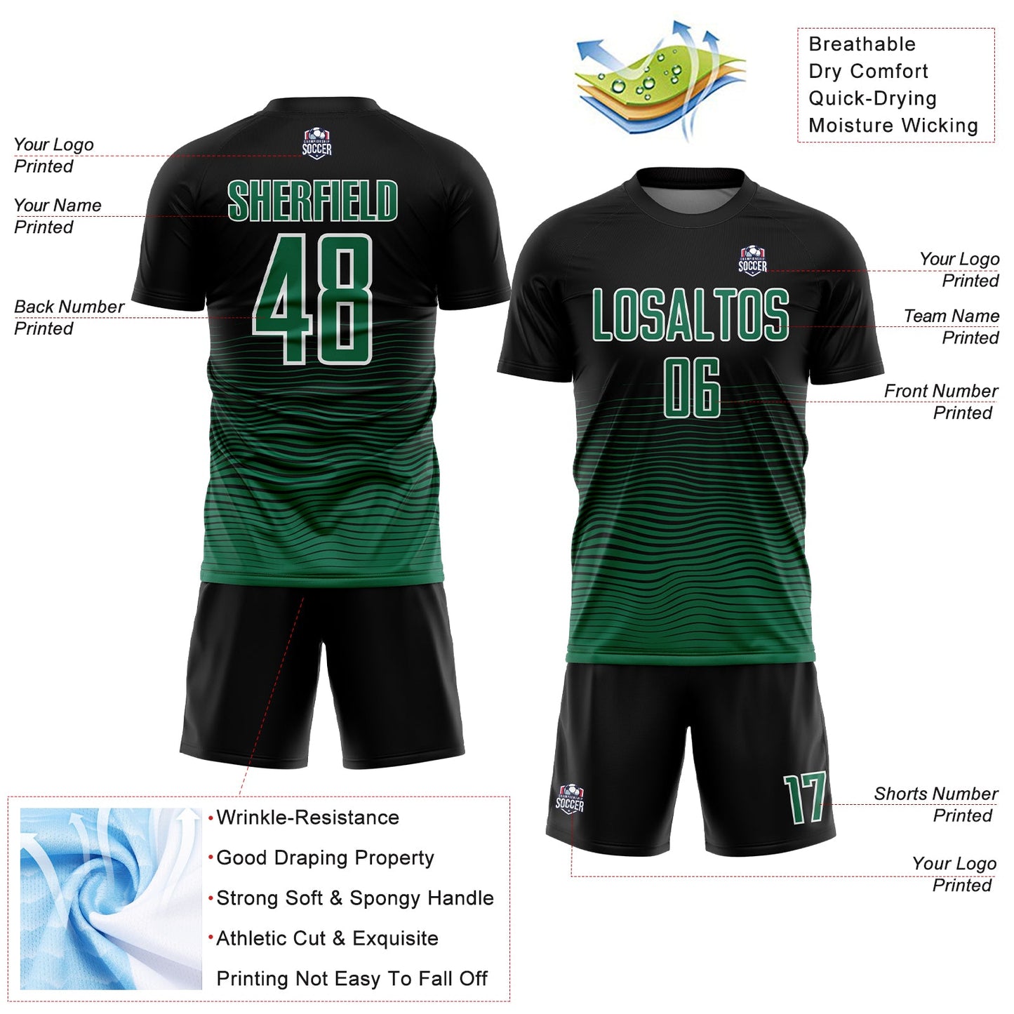 Custom Black Kelly Green-White Gradient Line Sublimation Soccer Uniform Jersey - Sky-Custom