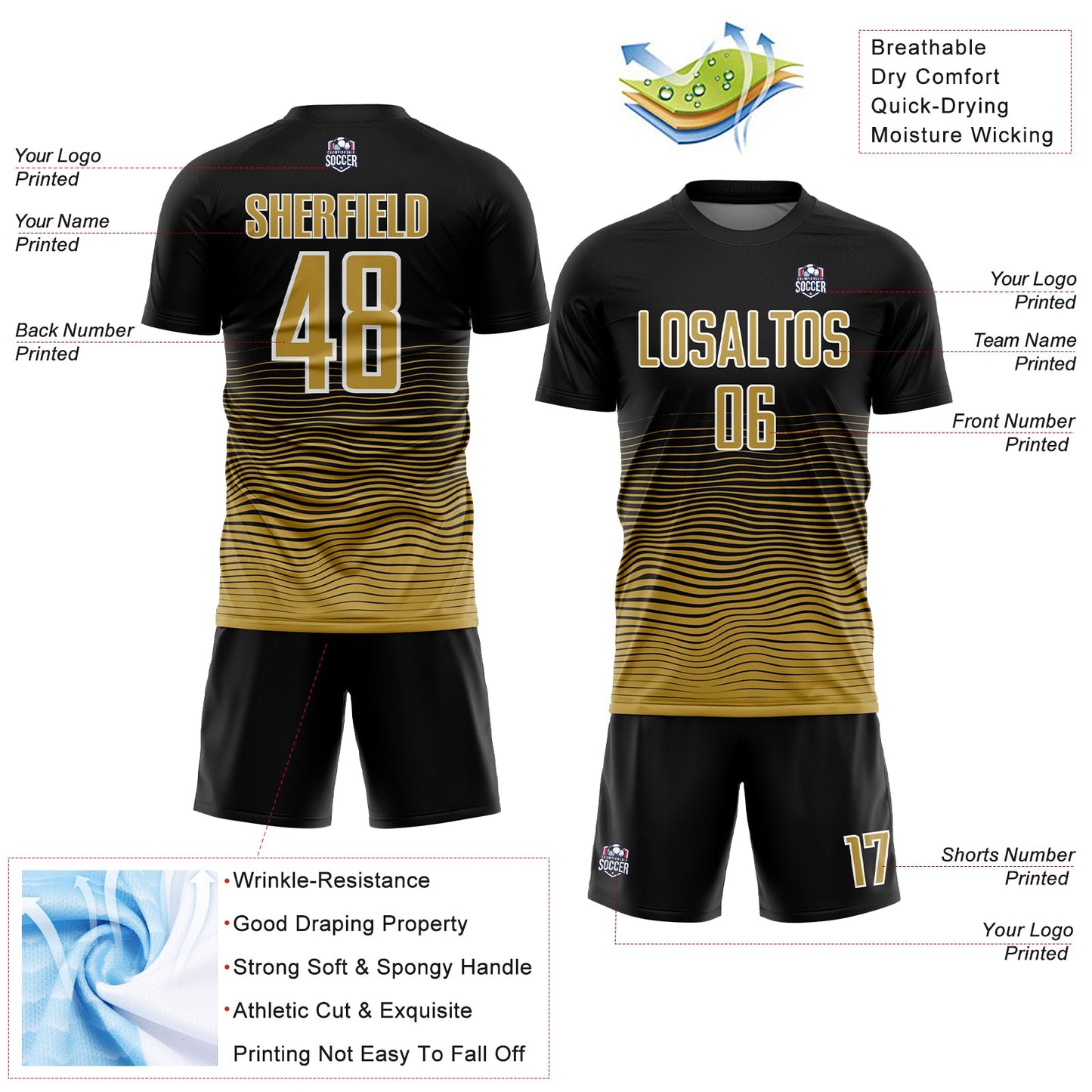 Custom Black Old Gold-White Gradient Line Sublimation Soccer Uniform Jersey - Sky-Custom