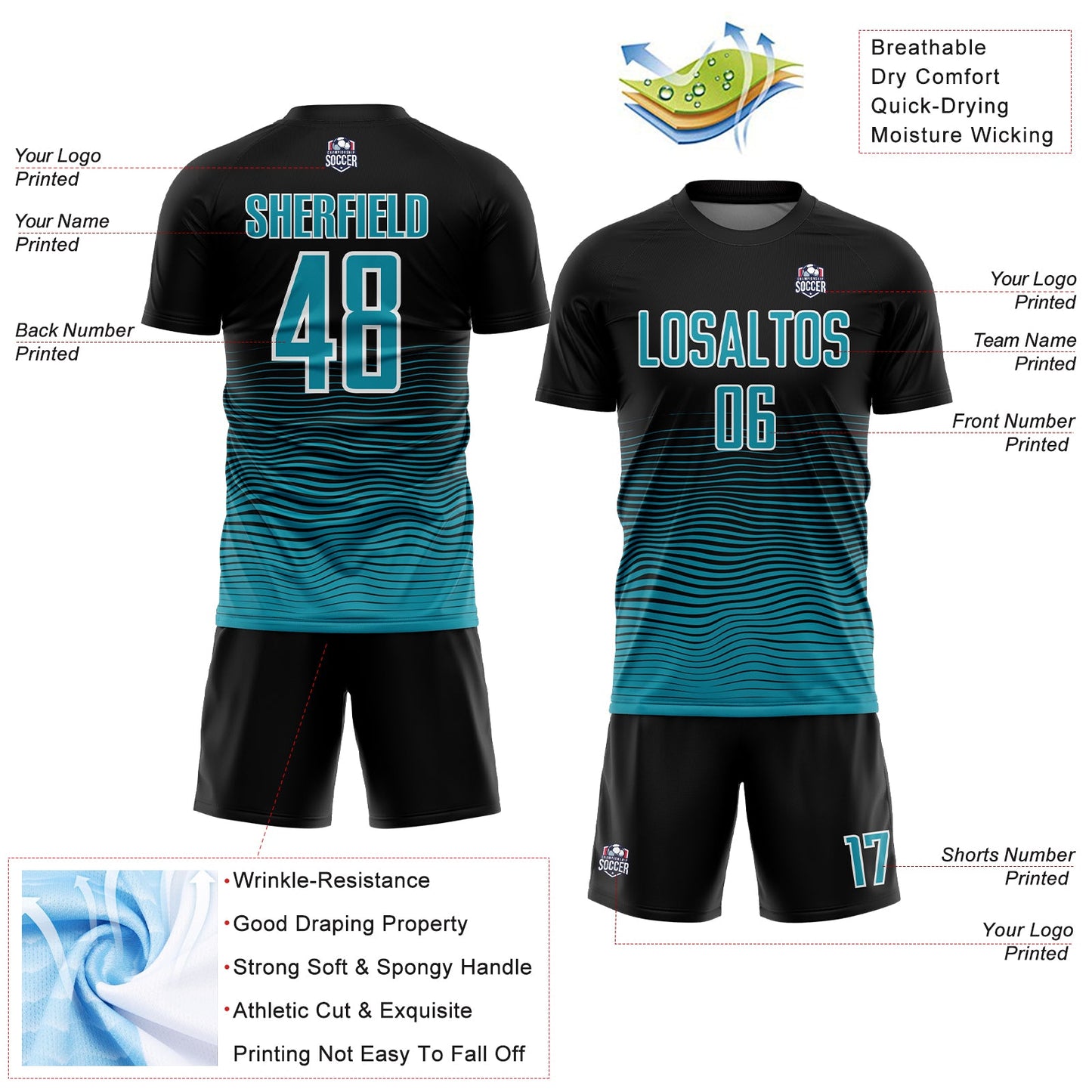 Custom Black Teal-White Gradient Line Sublimation Soccer Uniform Jersey - Sky-Custom