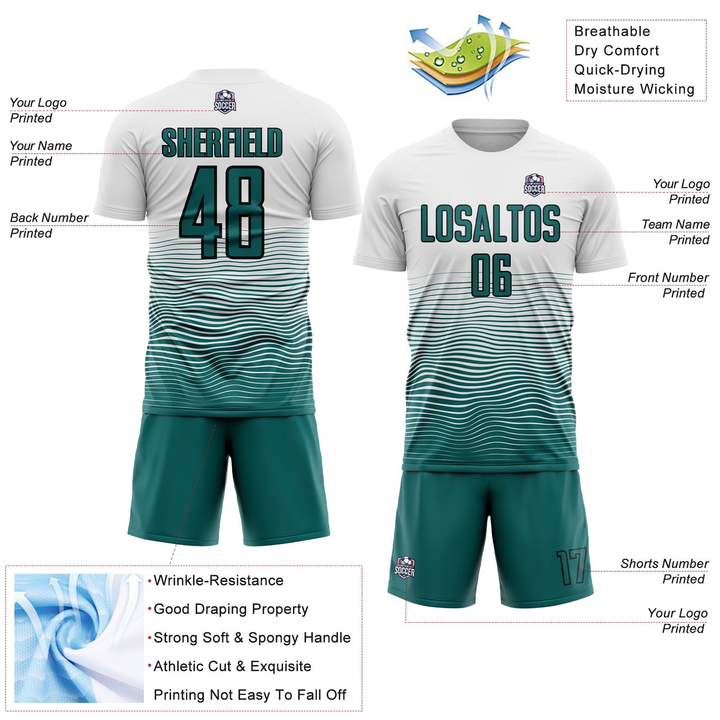 Custom White Teal-Black Gradient Line Sublimation Soccer Uniform Jersey - Sky-Custom