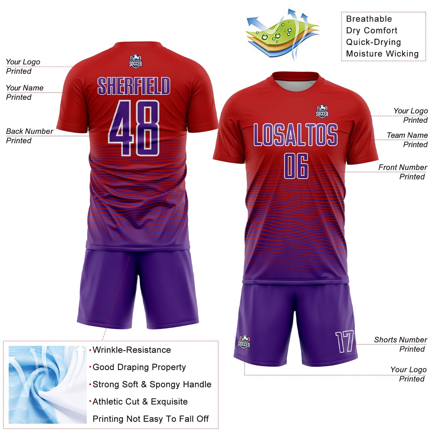 Custom Red Purple-White Gradient Line Sublimation Soccer Uniform Jersey - Sky-Custom
