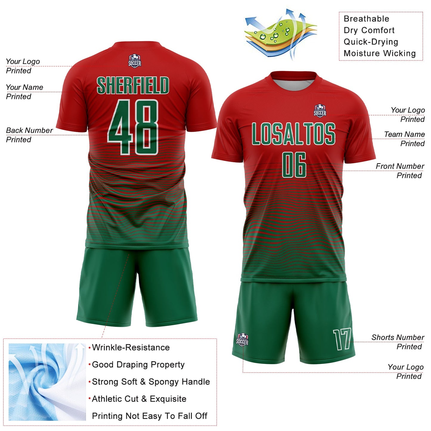 Custom Red Kelly Green-White Gradient Line Sublimation Soccer Uniform Jersey - Sky-Custom