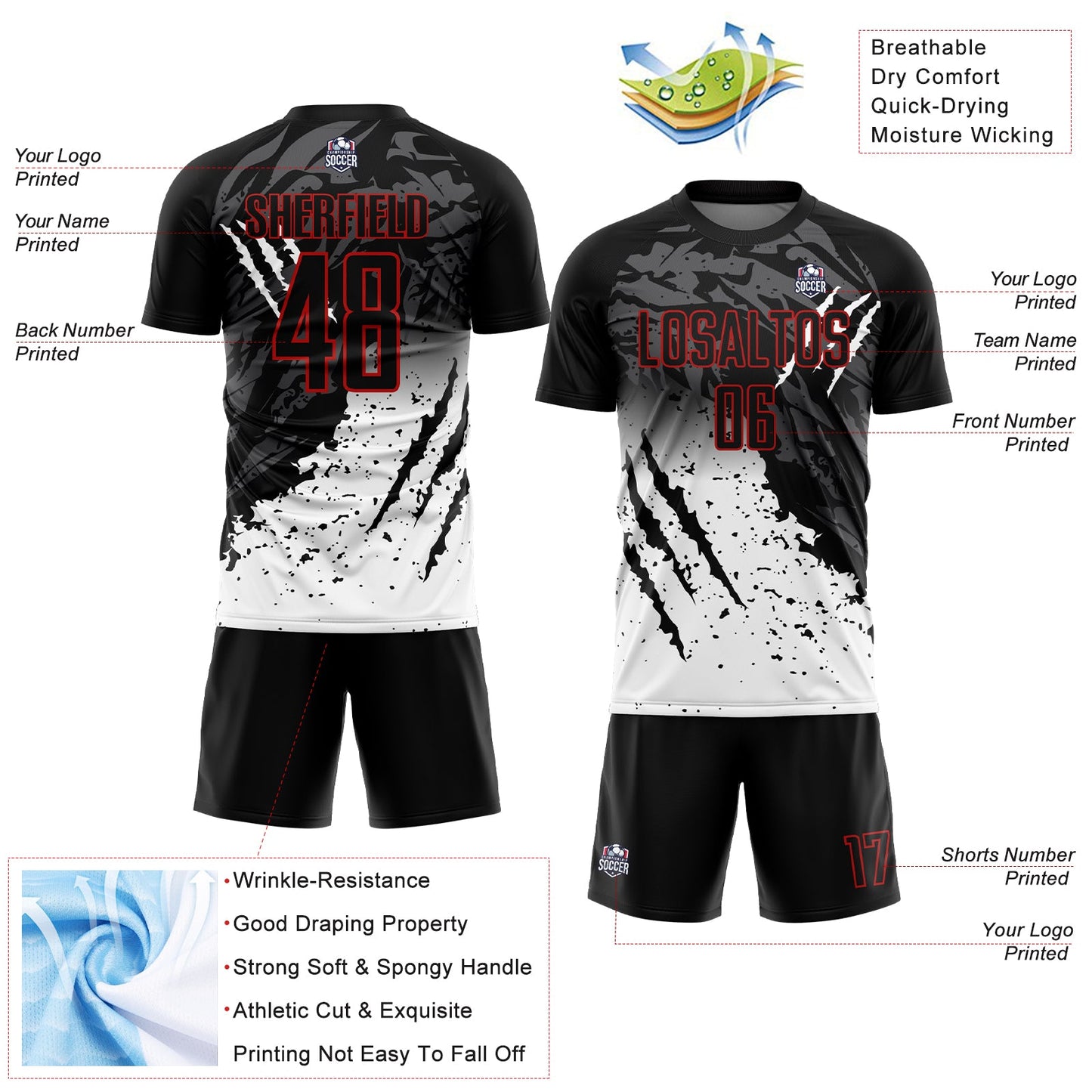 Custom Black White-Red Gradient Scratch Splash Sublimation Soccer Uniform Jersey - Sky-Custom
