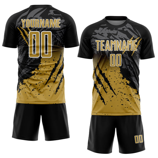 Custom Black Old Gold-White Gradient Scratch Splash Sublimation Soccer Uniform Jersey - Sky-Custom