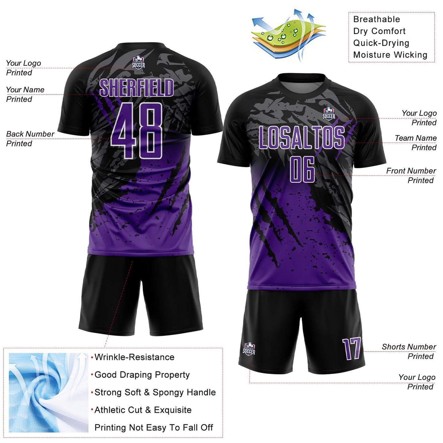 Custom Black Purple-White Gradient Scratch Splash Sublimation Soccer Uniform Jersey - Sky-Custom