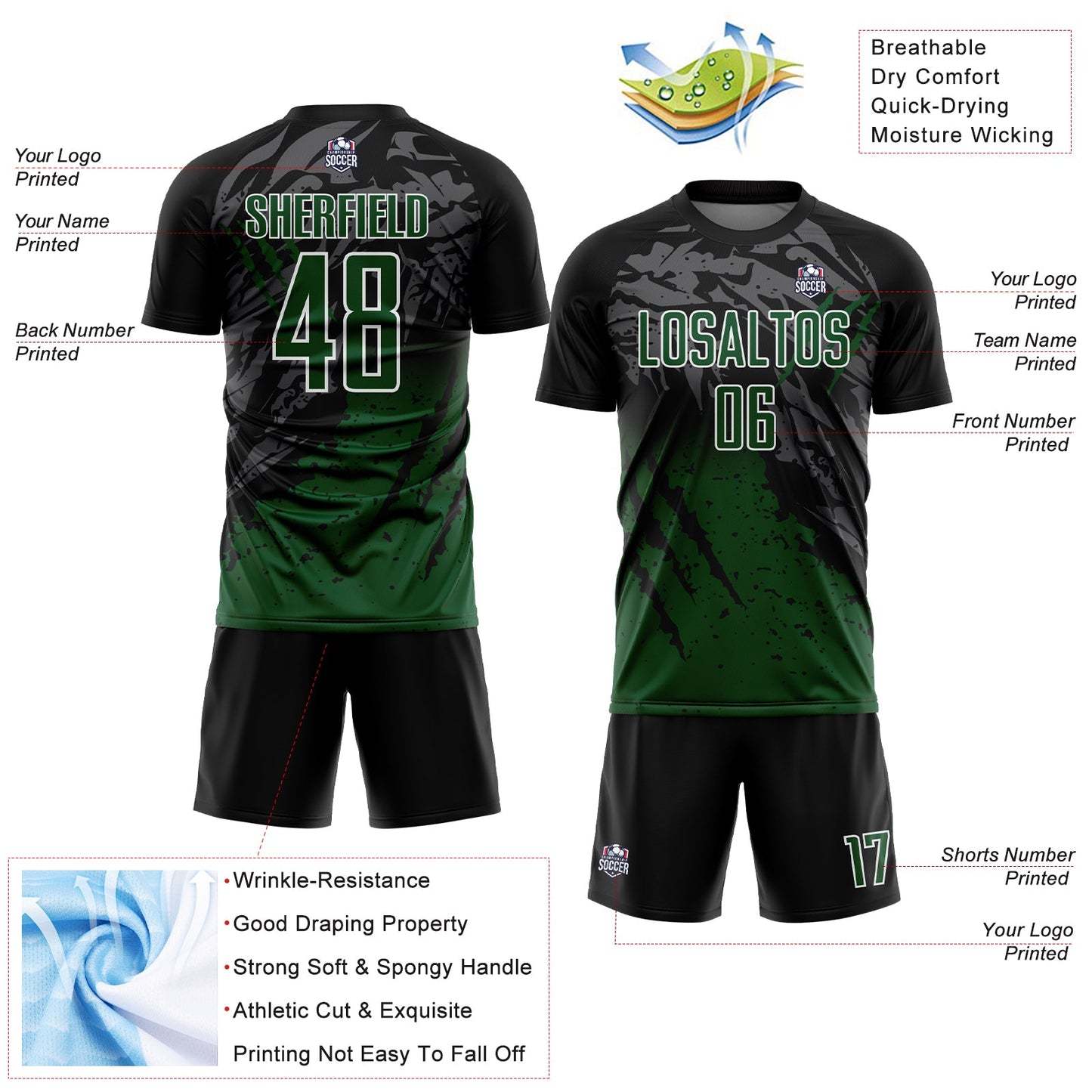 Custom Black Green-White Gradient Scratch Splash Sublimation Soccer Uniform Jersey - Sky-Custom