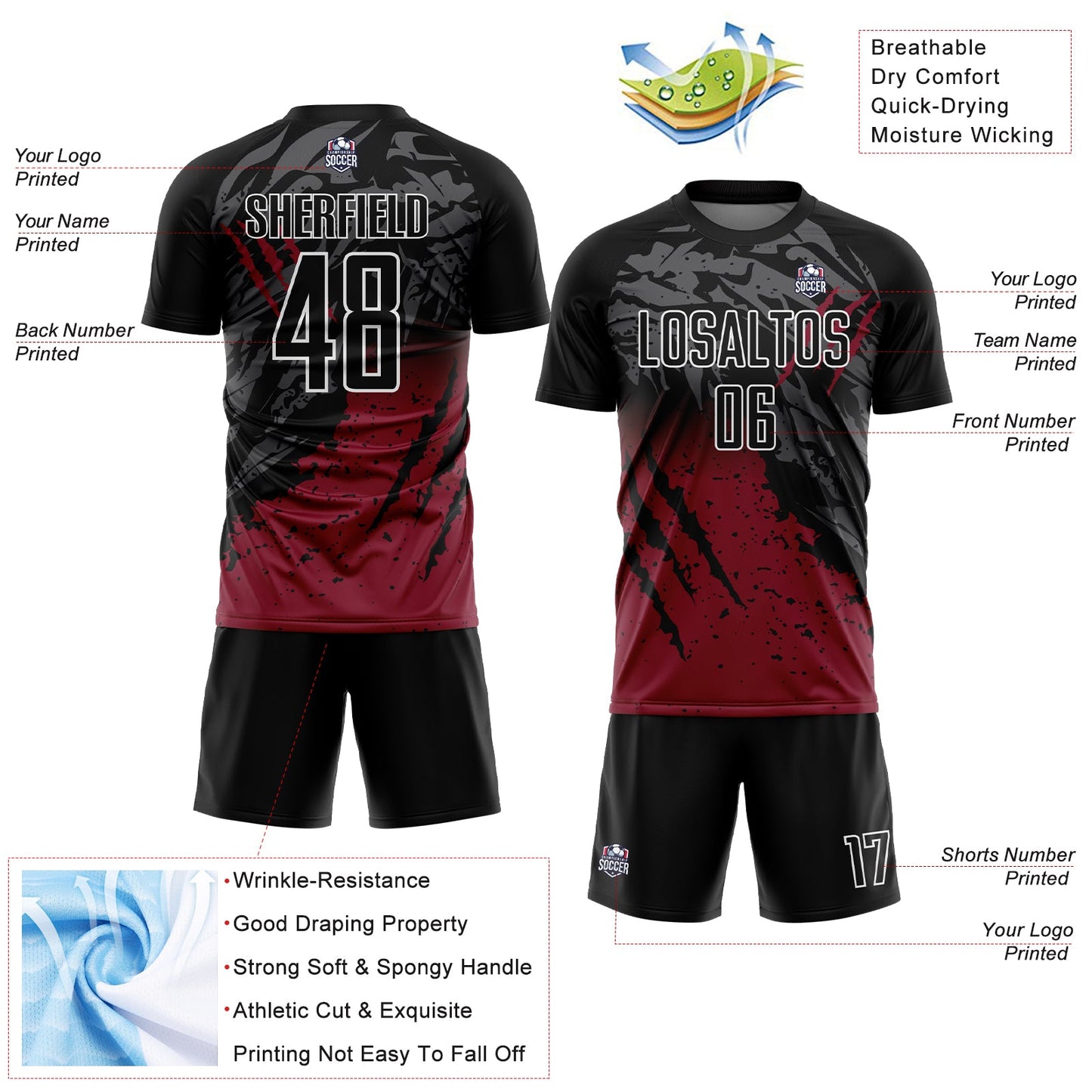 Custom Black Crimson-White Gradient Scratch Splash Sublimation Soccer Uniform Jersey - Sky-Custom