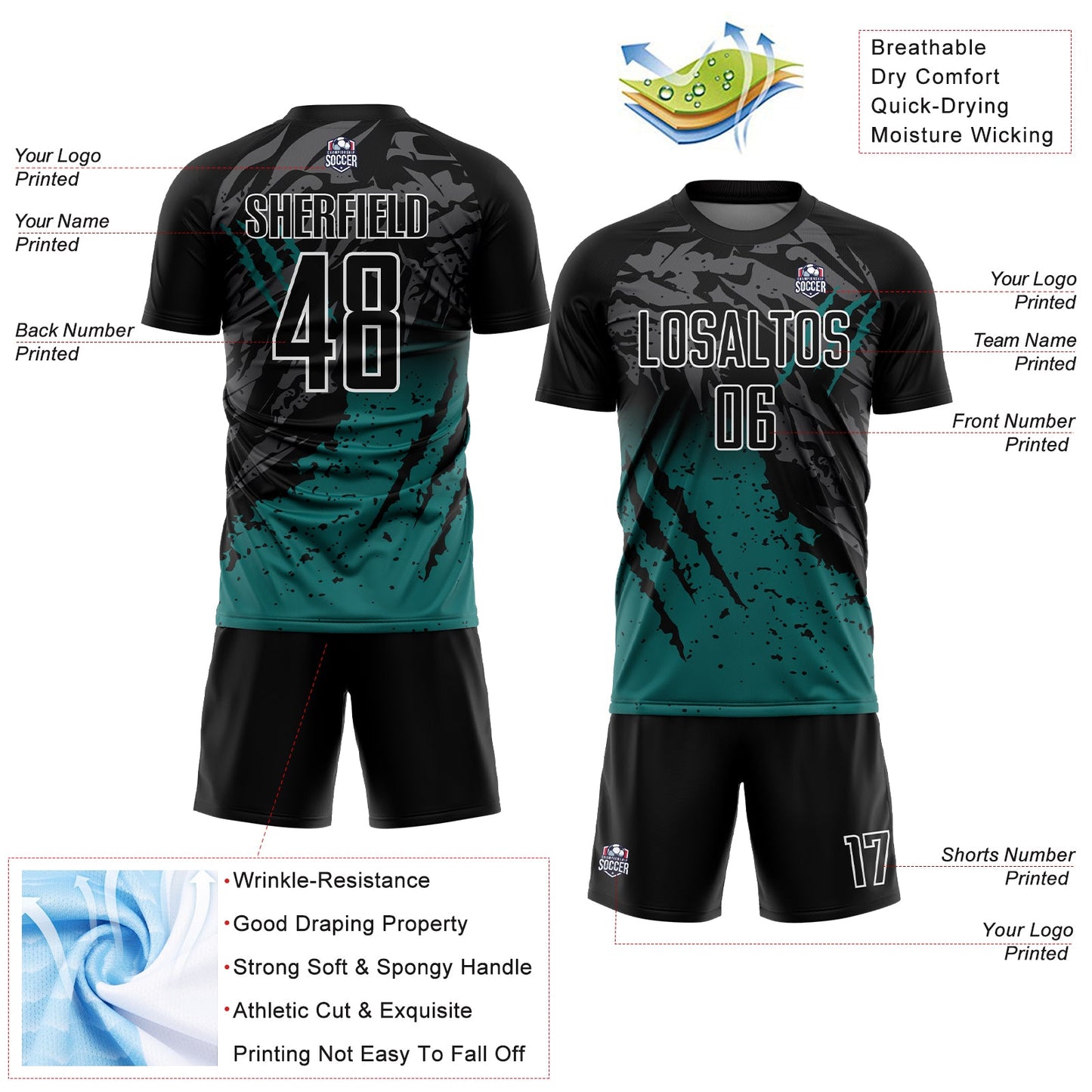 Custom Black Teal-White Gradient Scratch Splash Sublimation Soccer Uniform Jersey - Sky-Custom