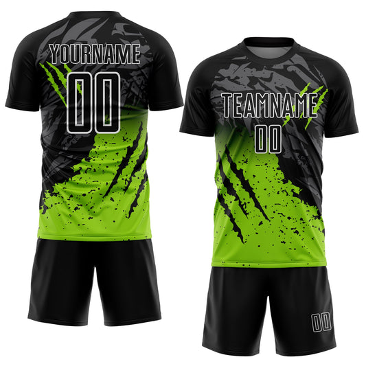 Custom Black Neon Green-White Gradient Scratch Splash Sublimation Soccer Uniform Jersey - Sky-Custom