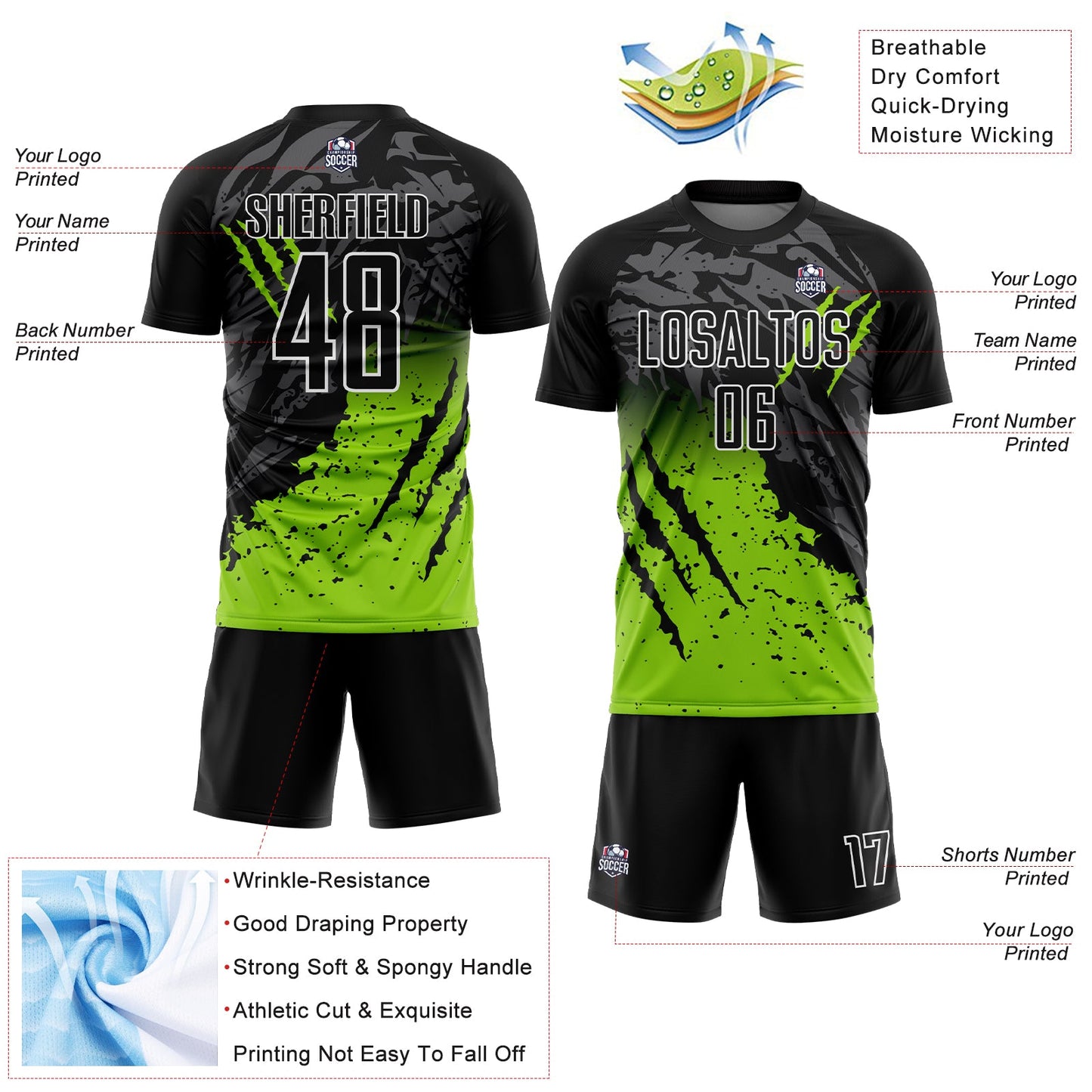 Custom Black Neon Green-White Gradient Scratch Splash Sublimation Soccer Uniform Jersey - Sky-Custom