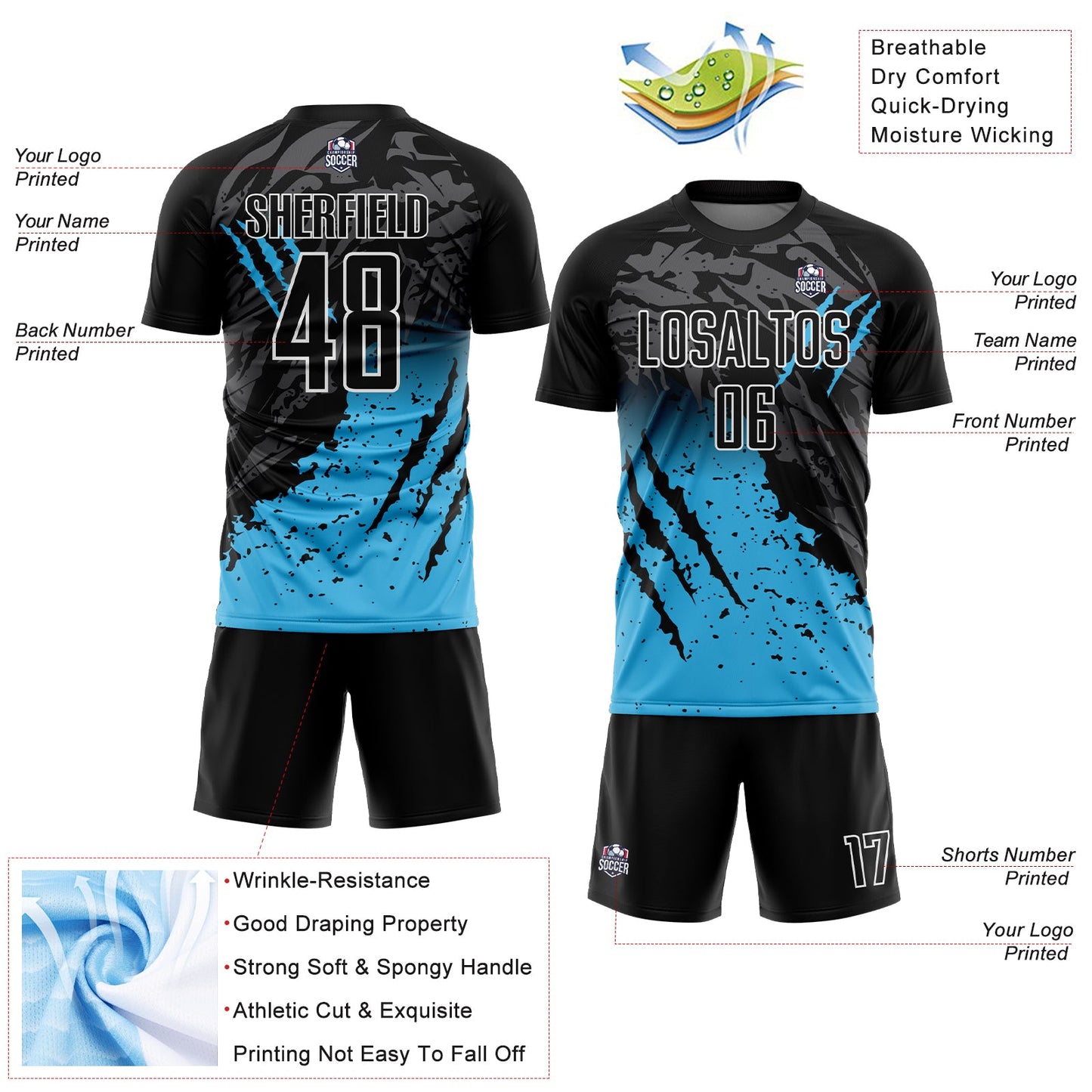 Custom Black Sky Blue-White Gradient Scratch Splash Sublimation Soccer Uniform Jersey - Sky-Custom