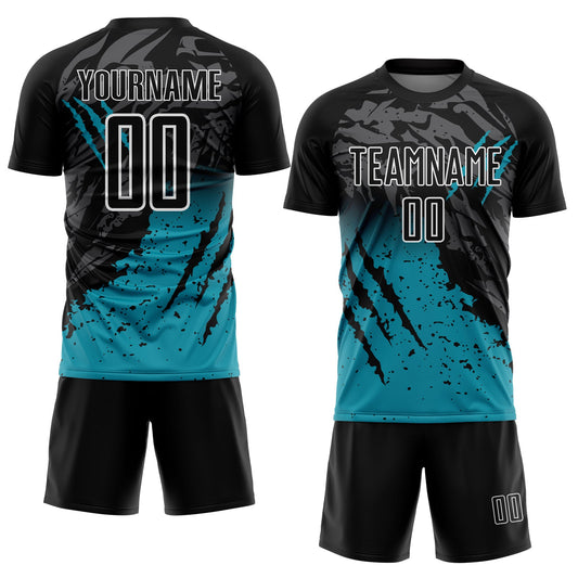 Custom Black Teal-White Gradient Scratch Splash Sublimation Soccer Uniform Jersey - Sky-Custom