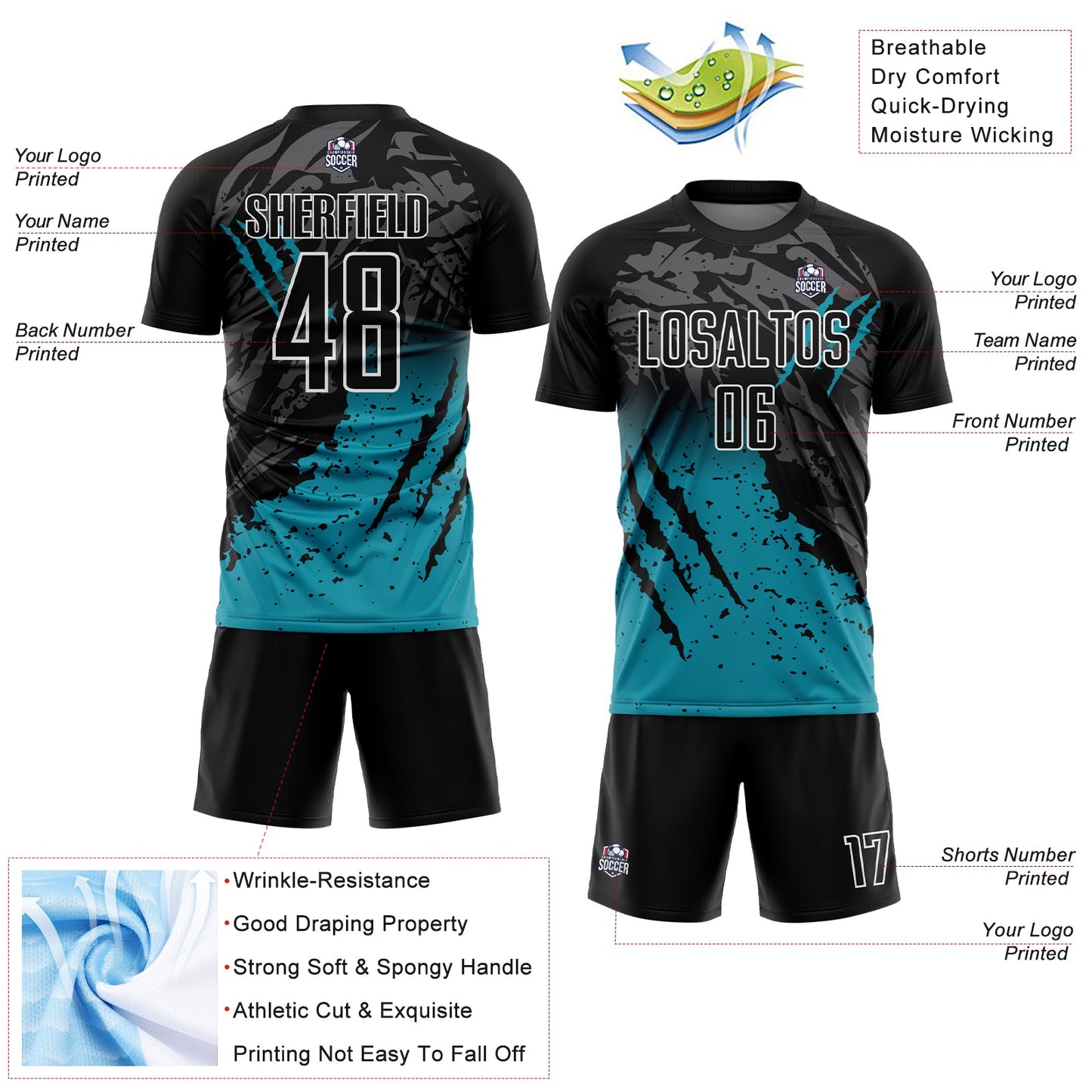 Custom Black Teal-White Gradient Scratch Splash Sublimation Soccer Uniform Jersey - Sky-Custom