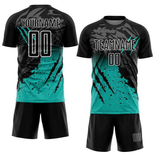 Custom Black Aqua-White Gradient Scratch Splash Sublimation Soccer Uniform Jersey - Sky-Custom