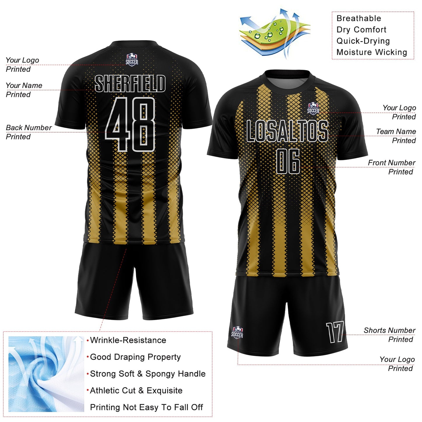 Custom Black Old Gold-White Geometric Shape Sublimation Soccer Uniform Jersey - Sky-Custom