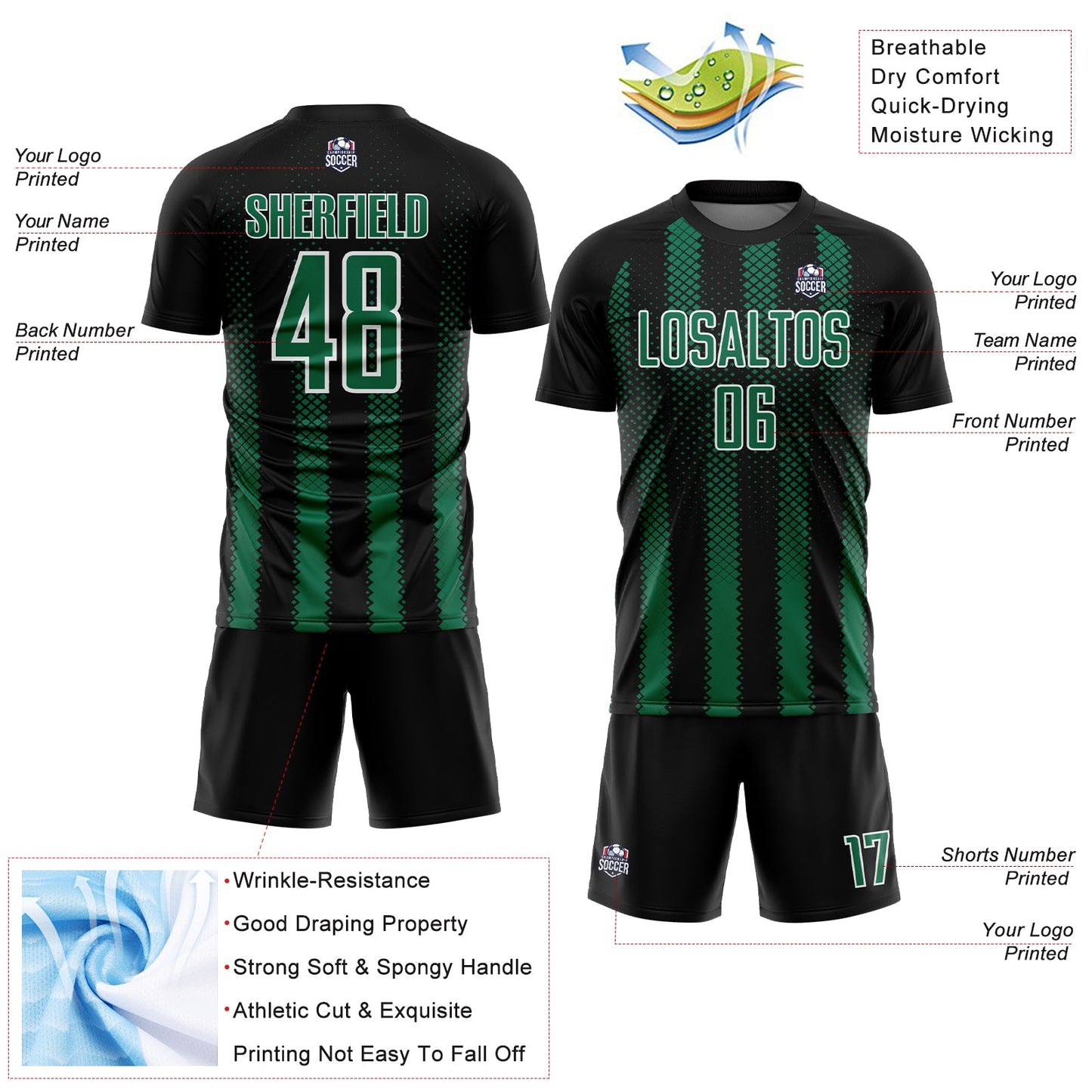 Custom Black Kelly Green-White Geometric Shape Sublimation Soccer Uniform Jersey - Sky-Custom