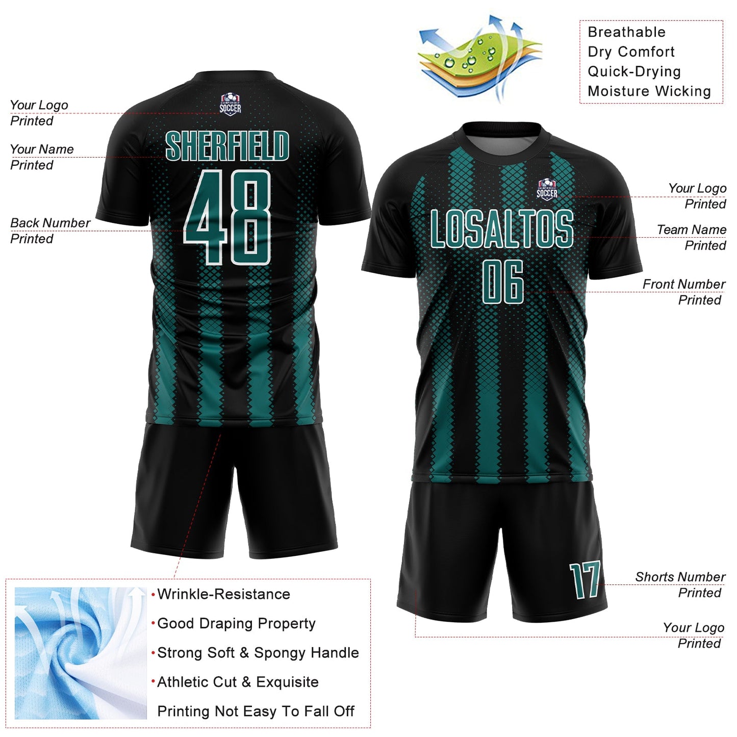 Custom Black Teal-White Geometric Shape Sublimation Soccer Uniform Jersey - Sky-Custom