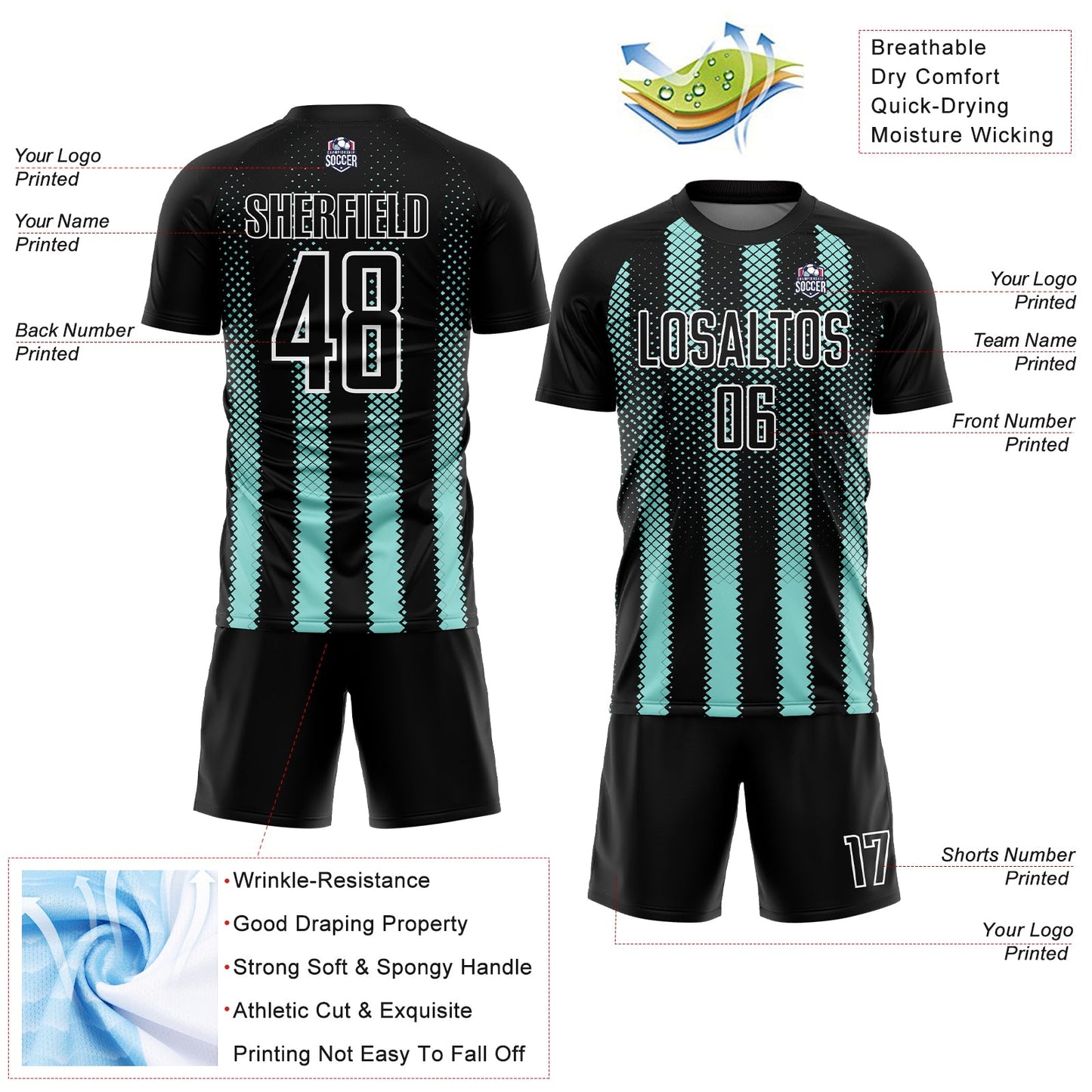 Custom Black Ice Blue-White Geometric Shape Sublimation Soccer Uniform Jersey - Sky-Custom