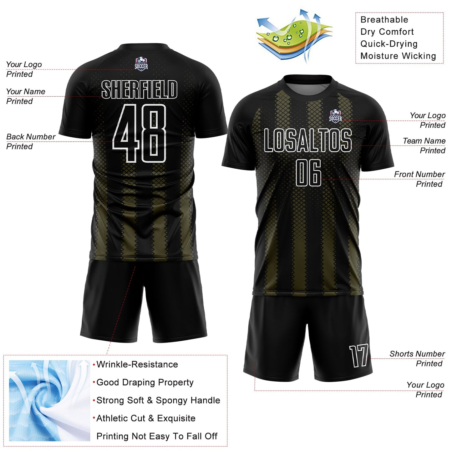 Custom Black Olive-White Geometric Shape Sublimation Soccer Uniform Jersey - Sky-Custom