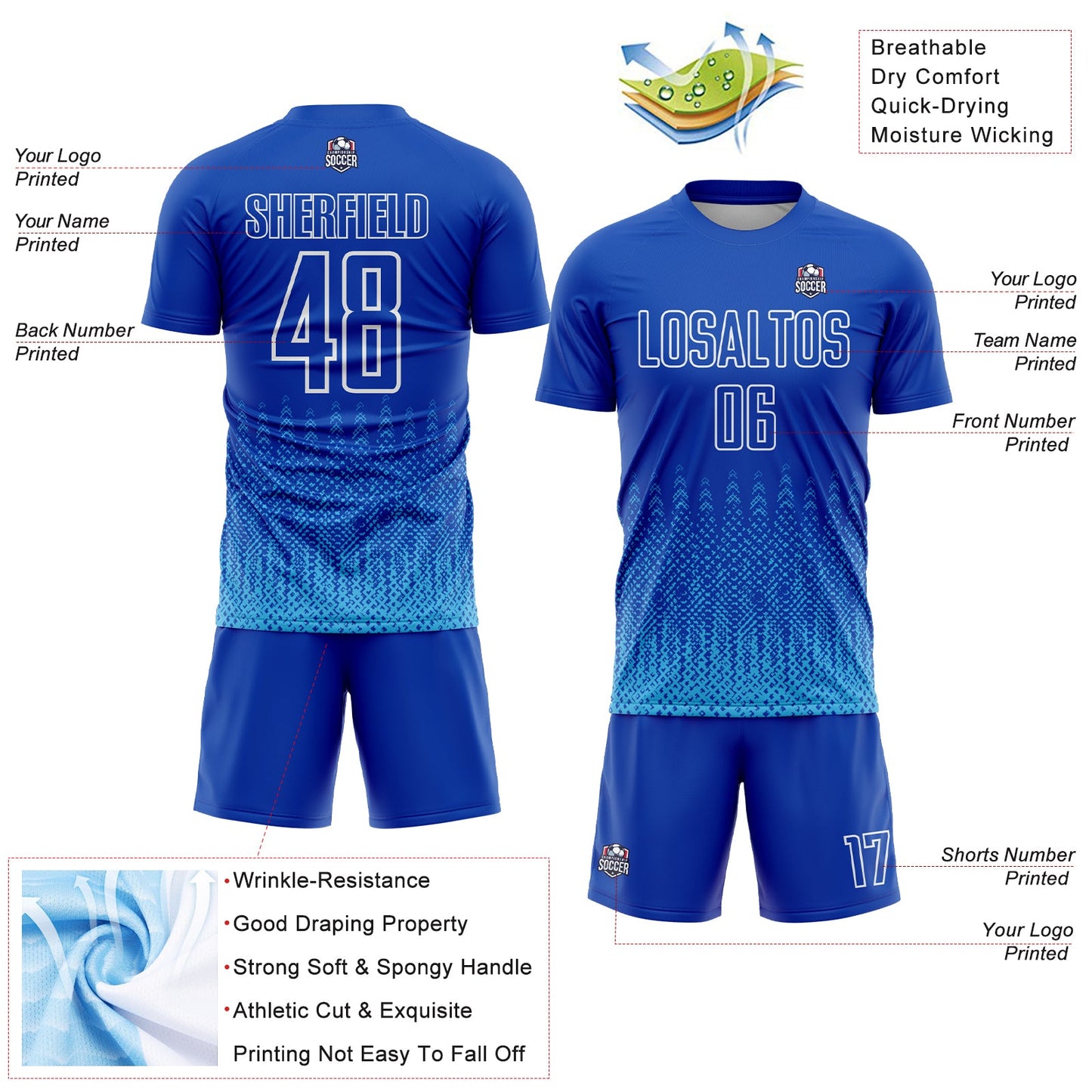 Custom Royal Sky Blue-White Geometric Shape Sublimation Soccer Uniform Jersey - Sky-Custom